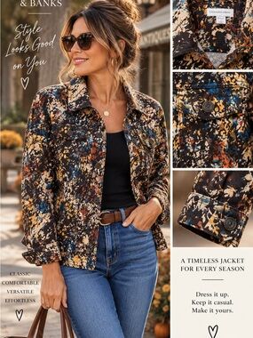 CJ Banks Brown Multicolor Abstract Button-Down Shirt Jacket Size Large